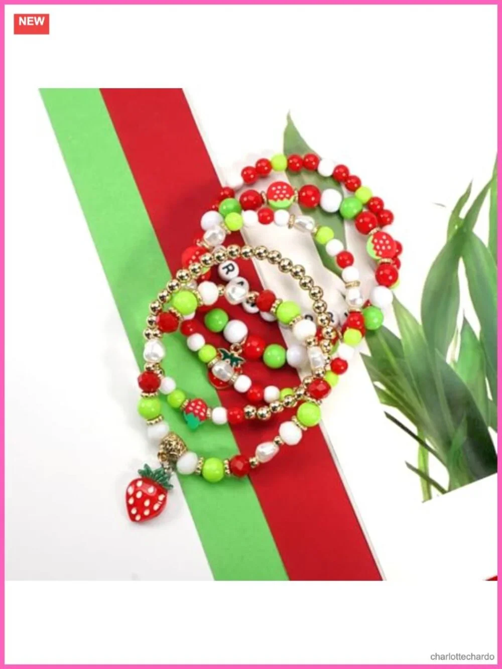Pearl Heishi Beaded Stretch Bracelet Stackable Boho Strawberry Charms